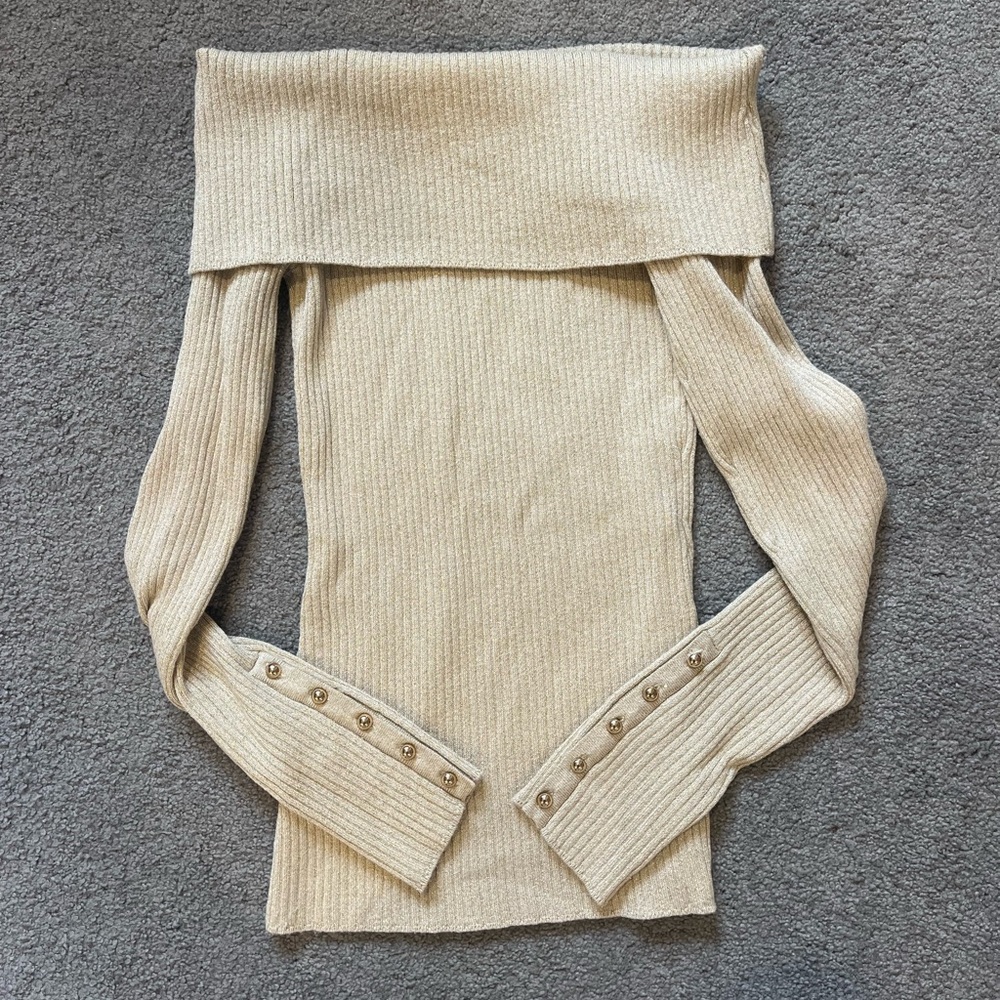 Marled off the shoulder gold flecked sweater with gold button details on wrists
